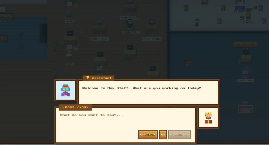 Assistant dialogue — RPG overlay for talking to your coordinator at Reception