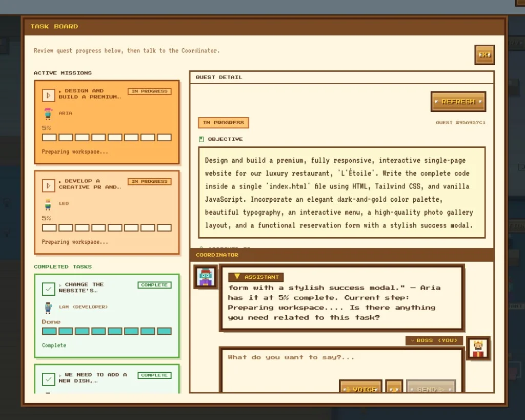 Task Board — active missions, quest detail, and coordinator chat