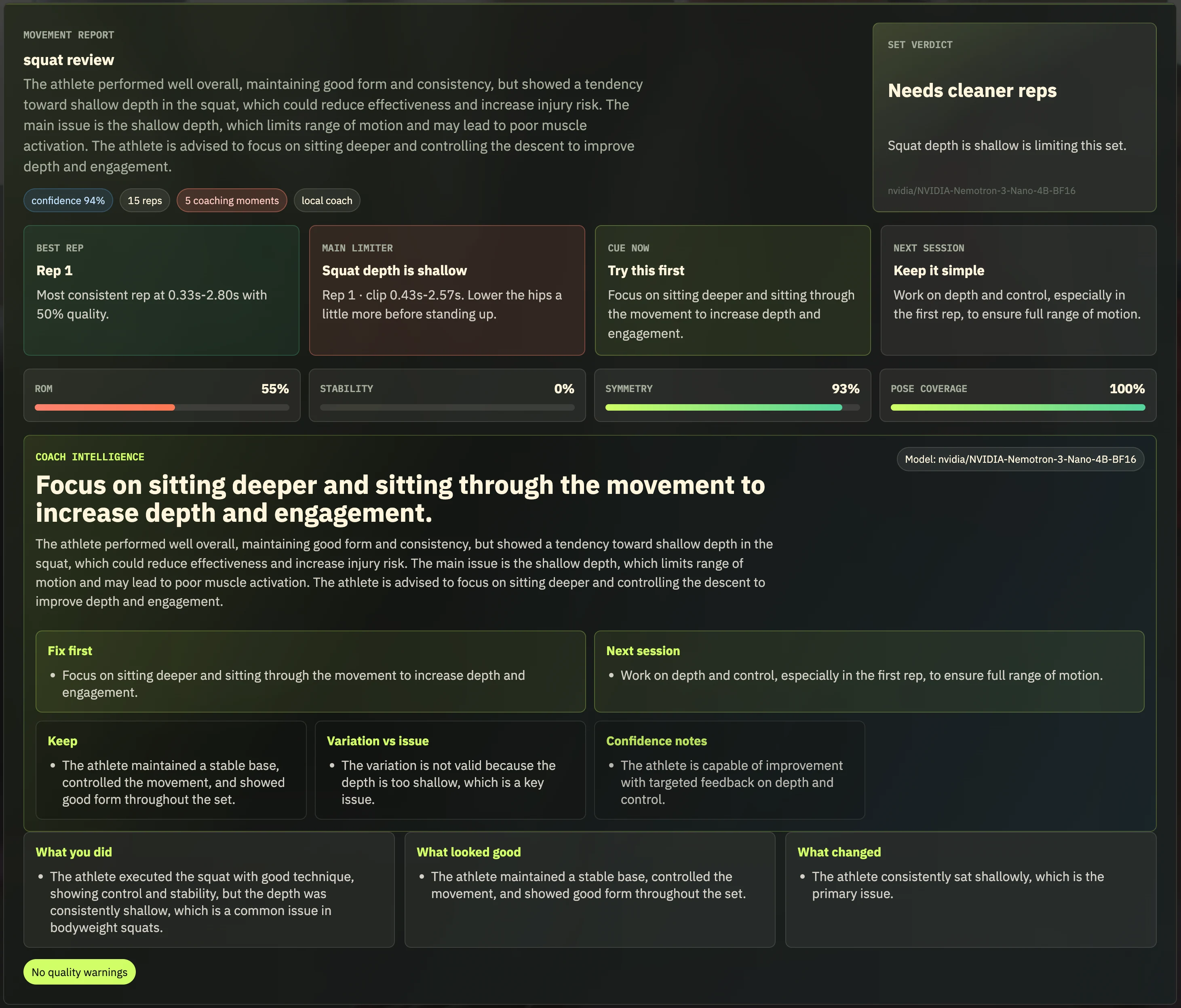 Pozify coach intelligence report showing grounded summary, fix-first guidance, next-session plan, and confidence notes